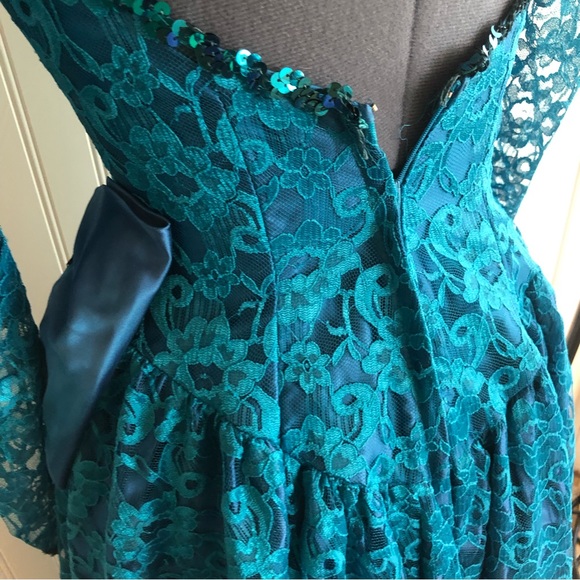 Vintage Blue Green Lace Gown Sequin Details Open Back Sweetheart Big Bow Teal - Picture 2 of 16